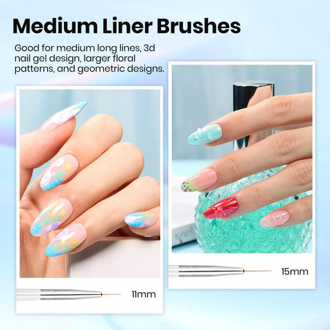 5 Pcs Nail Art Liner Brush Set With Metal Handles For Long Lines And Fine Details In 7mm 11mm 15mm 20mm And 25mm Sizes shown in use on nails