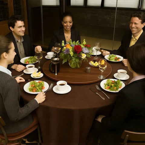 Solid Piece 20 Inch Black Walnut Lazy Susan Serving Tray Featuring A Smooth Operator Rotating Turntable Platform With Heaps Of Space For Condiments And Dinner Parties during a dinner gathering.