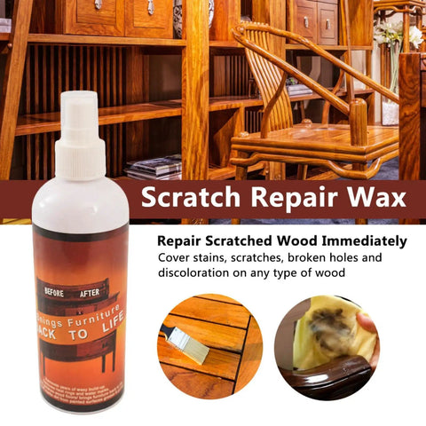 Wooden Repair Spray Quick Fix Scratch Remover For Tables Beds Floors 120Ml bottle and example repairs on wood furniture