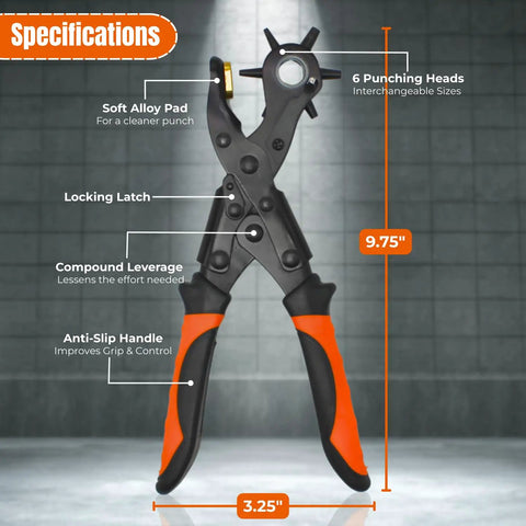 Heavy Duty Revolving Hole Punch Kit With Six Size Heads Steel Ruler And File For Belts Watch Straps Saddles Shoes And DIY Crafts
