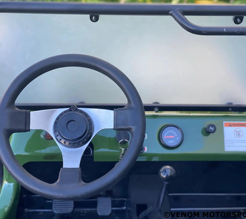 Close-up of steering wheel in 125cc Go Kart For Young Adults And Teens 16 Plus With Semi Automatic Transmission And Reverse