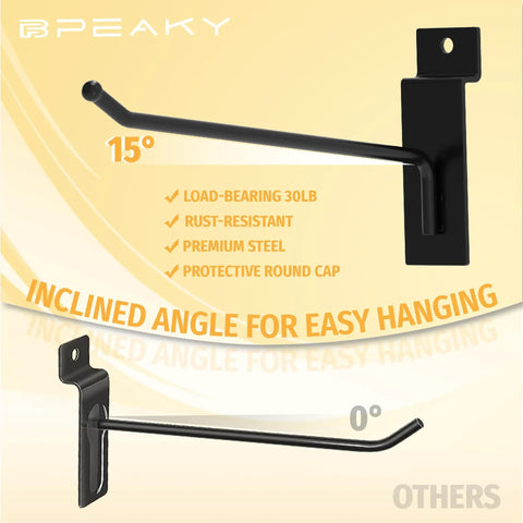Heavy Duty Black Slatwall Hooks Set, 4 Inch, 25 Pack, Stainless Steel Slatwall Display Hooks For Retail, inclined angle design