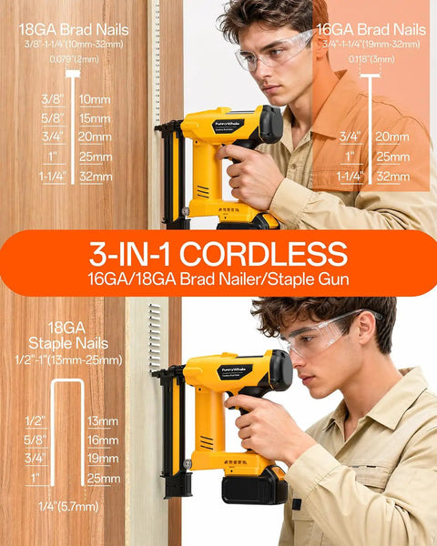 Premium Three In One Cordless Brad Nailer Featuring Zero Hassle Setup And Lightning Quick Firing Actions, shown in use for precise fastening.