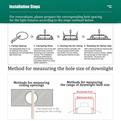 Installation steps for VOGHMOLD 6W Ultra Slim LED Downlight 5 inch, measuring hole size, and connecting wires.