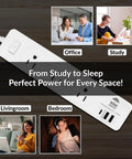 Go-To 5.9 Foot Power Strip with 2 USB Ports and USB Type C Plug, 10A, Pack of 2 shown with usage in different rooms