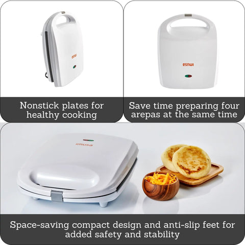 Imusa 4 Slot Electric Arepa Maker, 1200 Watt Nonstick Griddle For Fluffy Corn Cakes, compact design with nonstick plates.