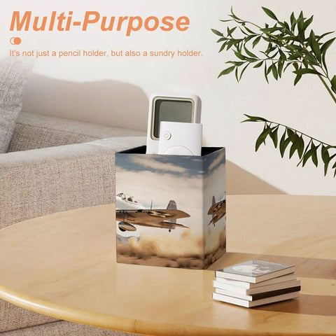 Dope PU Leather Pen Holder Desk Organizer Pencil Cup showcasing airplane design, on a table with books and plant, soft interior visible.