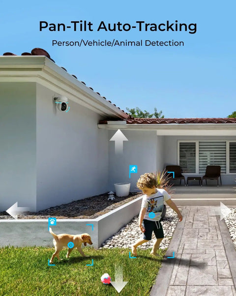 4K PoE Outdoor Security Camera With 355 Degree Pan And 50 Degree Tilt Color Night Vision Auto Tracking Smart Detection installed on house monitoring child and pet in yard