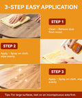 3-step application guide for Top Shelf 2 In 1 Wood Cleaner And Furniture Polish Featuring Pure Orange Oil Spray.