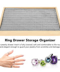 Two Piece Stackable Ring Trays Featuring Slick Grey Velvet Liners And Solid Wood Boards Offer One Hundred Perfect Grids for rings.