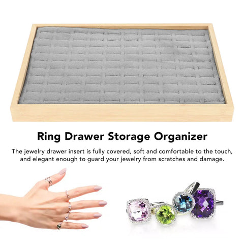 Two Piece Stackable Ring Trays Featuring Slick Grey Velvet Liners And Solid Wood Boards Offer One Hundred Perfect Grids for rings.