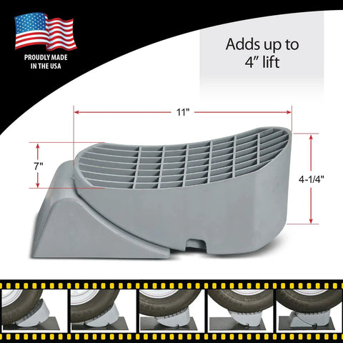 Base Pad Leveler Wheel Chock Set For RV And Trailer Leveling Blocks with dimensions and USA made flag