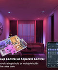 WiFi RGB LED Bulbs BR30 65W Equivalent Full Color Flood Light Bulbs with Alexa and Google Home Control in living room scene