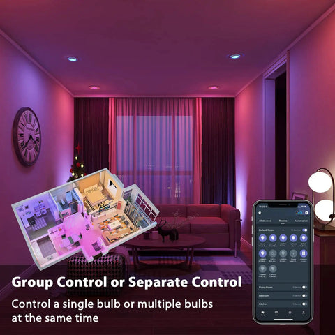 WiFi RGB LED Bulbs BR30 65W Equivalent Full Color Flood Light Bulbs with Alexa and Google Home Control in living room scene