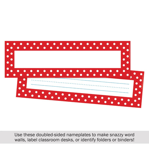 Double Sided Desk Nameplates And Bulletin Board Signs In Red And White Dots No Fuss Multi Purpose Classroom And Office Labels 3.5 By 12 Inch Desk Tags Easy To Use Pack Of 36 showing front and back design