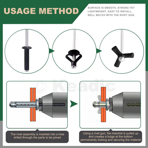 Instructions for using 80Pcs Blind Rivet Set Featuring Four Sizes 9/16 3/4 13/16 And 1 Inch Black Large Flange Aluminum Pop Rivets