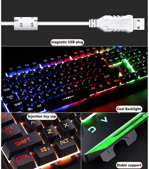 Dope LED Mechanical Gaming Keyboard And Mouse Combo Featuring Multicolor Backlighting showcasing RGB lighting and magnetic USB plug.