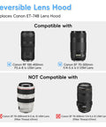 Compatibility chart showing lenses for Go-To Lens Hood Shade Protector For Canon RF 100-400mm F5.6-8 IS USM And EF 70-300mm F4-5.6 IS II USM