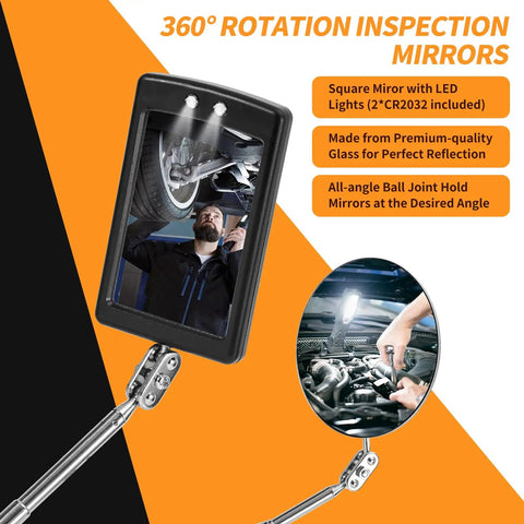 Magnetic Pickup And Inspection Mirror Set With Telescoping Handles And 360 Degree Swivel Heads showing LED-lit mirrors