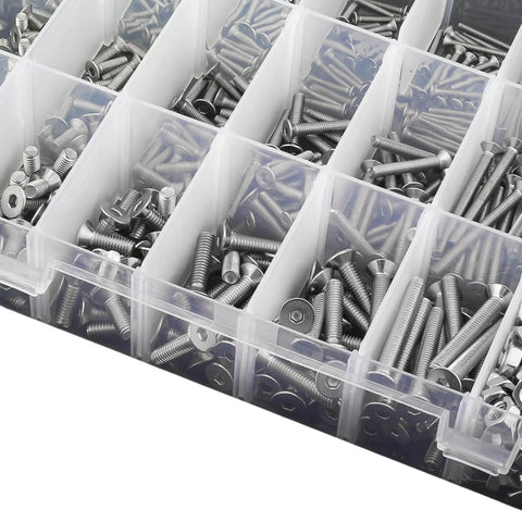 Rugged Stainless Steel Screw Set With M2 M3 M4 M5 Bolts, Flat Countersunk Socket Cap Screws, Nuts And Washers in storage box