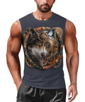 Heavy Duty Mens Dry Fit Tank Top Boasting Sharp Viking Wolf Artwork Next Level Stretch Fabric Sleeveless Crewneck Gym Workout Tee Built For All Day Wear on a model with gears background.