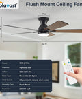 52 Inch Black Low Profile Ceiling Fan With Light And Remote Flush Mount Reversible DC Motor Dimmable LED 3CCT