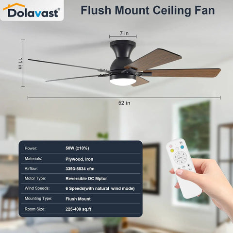 52 Inch Black Low Profile Ceiling Fan With Light And Remote Flush Mount Reversible DC Motor Dimmable LED 3CCT