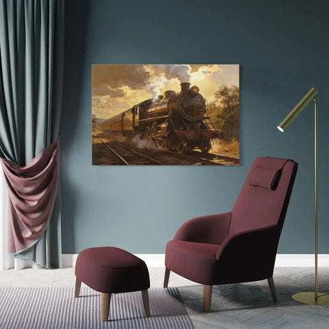 Framed Vintage Steam Train Wall Art Canvas Print for Living Room, Office, and Bedroom Decor, Classic Locomotive Railway Picture in 8 By 12 Inch Size, Rustic Cozy Home Vibe