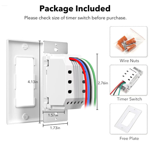 7 Day Programmable In Wall Light Timer Switch With Blue Backlight Digital Indoor Timer package contents with dimensions