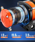 Close-up of motor and cable spool of 4500 Lb ATV UTV Winch Kit With 12V Power Steel Cable Waterproof Winch Wireless Remote.