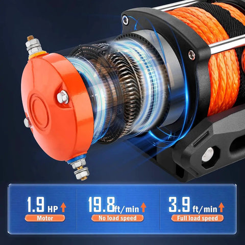Close-up of motor and cable spool of 4500 Lb ATV UTV Winch Kit With 12V Power Steel Cable Waterproof Winch Wireless Remote.