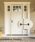 Installation display of Stainless Steel Gate Hook and Eye Latch for Cabinet Door Window Shed Barn on a front door.