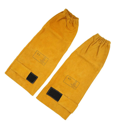 Tough As Nails Heavy Duty Cowhide Welding Sleeves in golden yellow, flame resistant leather arm guards for molten spatter protection.