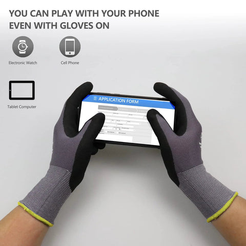 Front view of LOCCEF gray seamless knit nylon work gloves with black nitrile-coated palms, holding a smartphone