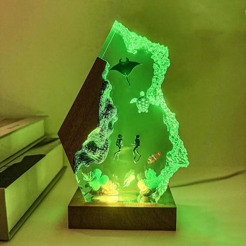Scuba Diver Ocean Resin Lamp With Multicolor LED Night Light, USB Powered Handmade Epoxy Decor with green glow