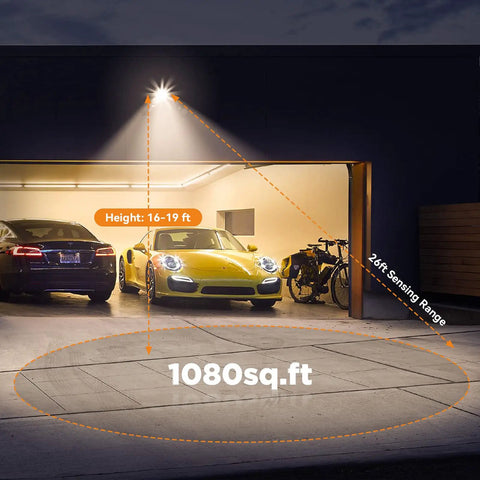 Ultra Bright Solar Street Lights Outdoor 180 LED Chips with Motion Sensor and Dusk to Dawn highlighting a garage area.