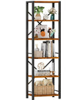 Dope Industrial Style 6 Tier Tall Bookshelf For Tight Spaces, Narrow Display Shelf Unit In Metal And Wood, Rustic Brown Finish