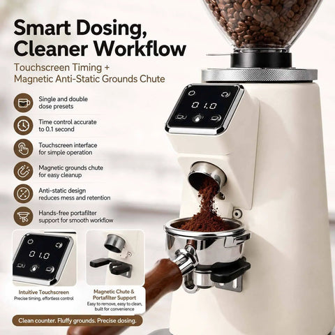 Professional Commercial Coffee Grinder With Programmable Dosage Control And A Massive Seven Hundred Fifty Gram Hopper dispensing freshly ground coffee.