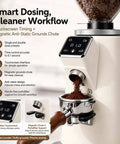 Badass Espresso Coffee Grinder With 64mm Flat Burrs And Programmable Digital Timer For Dead On Single Double Shots showing touchscreen and coffee grounds chute.