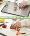 Stainless steel cutting board with dark frame; extra-large, dual-sided board for meat and produce