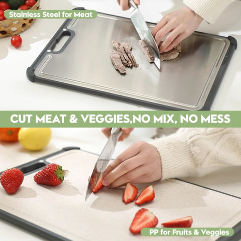 Stainless steel cutting board with dark frame; extra-large, dual-sided board for meat and produce