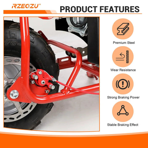 Close-up of 80cc Mini Bike Throttle Cable and Brake Kit installed on rear wheel showing premium steel and strong braking power features