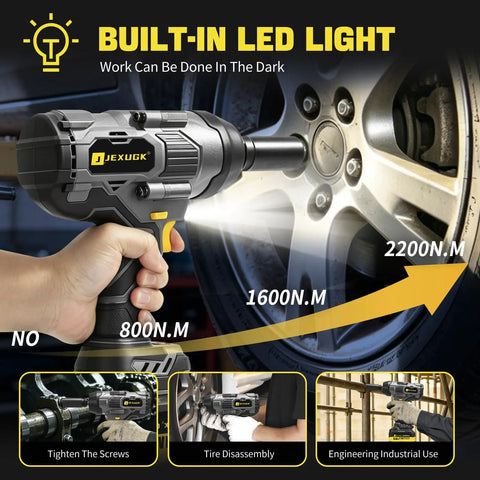 Heavy Duty Cordless Impact Wrench Packing 2200Nm Of Badass Torque To Rip Through Truck Tire Lug Nuts Fast, with built-in LED.