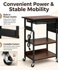 Slick Rolling Three Tier Coffee Station Cart With Built In Power Panel And Roomy Storage Shelf For Mastering Your Daily Grind And Charging Tech Without Hassle, showing power outlets and lockable wheels.