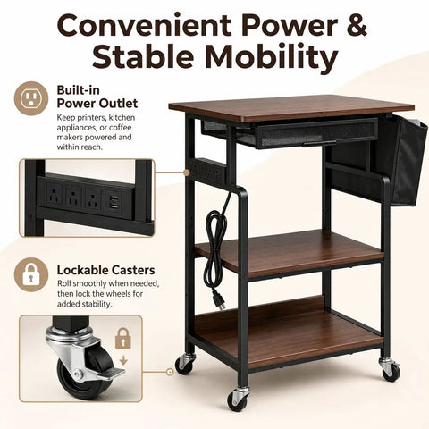Slick Rolling Three Tier Coffee Station Cart With Built In Power Panel And Roomy Storage Shelf For Mastering Your Daily Grind And Charging Tech Without Hassle, showing power outlets and lockable wheels.