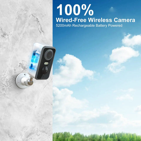 Wireless Outdoor Security Cameras Two Pack 3MP Battery Powered AI Motion Detection on wall with blue sky background