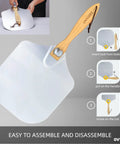 OVTHMT pizza peel with 12x14 inch aluminum blade and foldable wooden handle; front view.