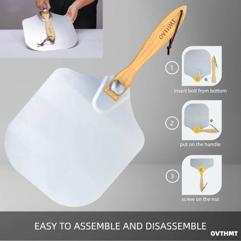 OVTHMT pizza peel with 12x14 inch aluminum blade and foldable wooden handle; front view.