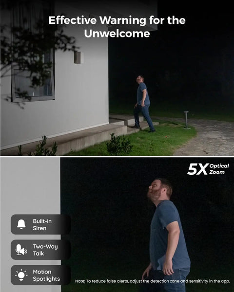 Man in a garden observed by a 4K PoE Outdoor Security Cam With 123 Degree Field Of View And 5X Optical Zoom, Color Night Vision.
