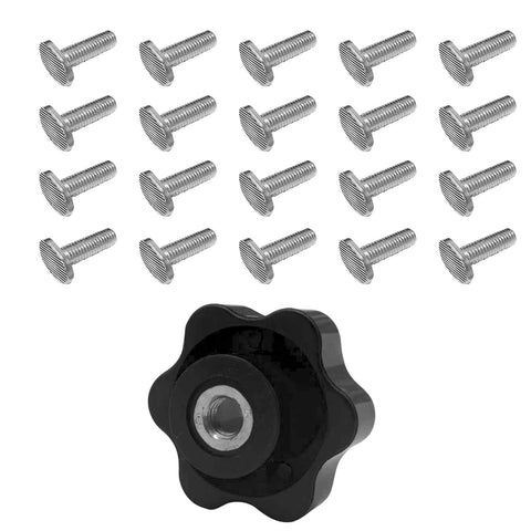 Five Pack 6-Star Clamping Knobs With Twenty M8 Tee Bolts For T Track Systems And T Slot Accessories 1.5 Inch Long